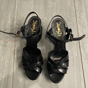 Saint Laurent YSL 75 mm Tribute Platform sandals in smooth black leather. Sz 40